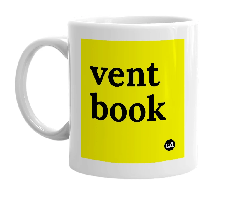 White mug with 'vent book' in bold black letters