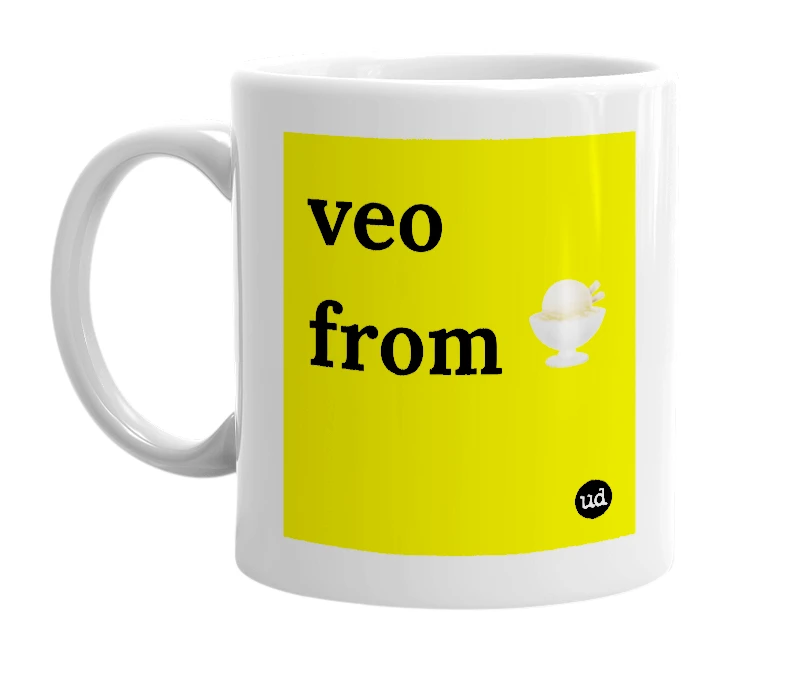 White mug with 'veo from 🍨' in bold black letters