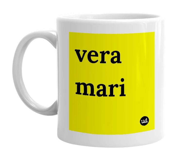 White mug with 'vera mari' in bold black letters
