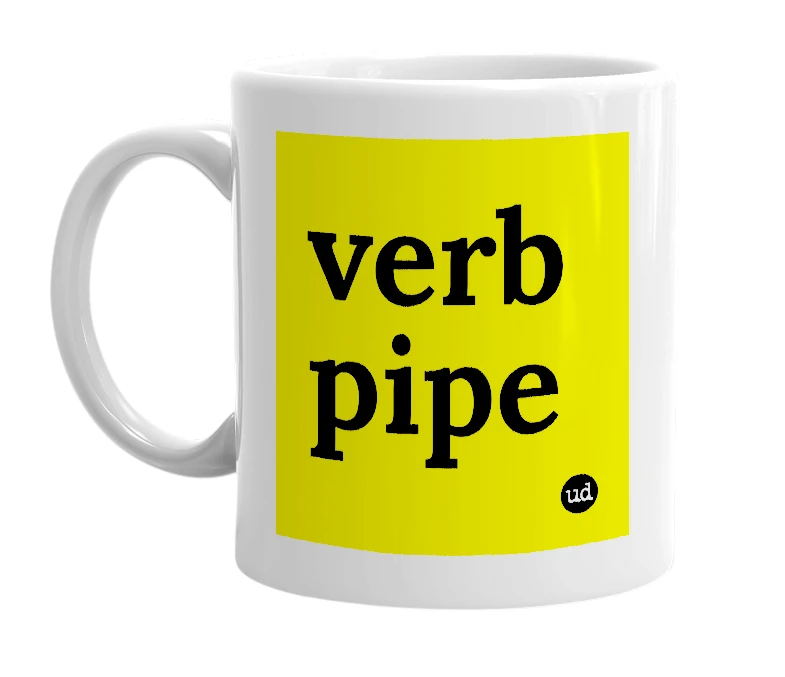 White mug with 'verb pipe' in bold black letters