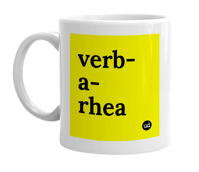 White mug with 'verb-a-rhea' in bold black letters