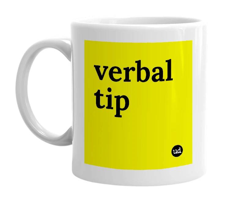 White mug with 'verbal tip' in bold black letters