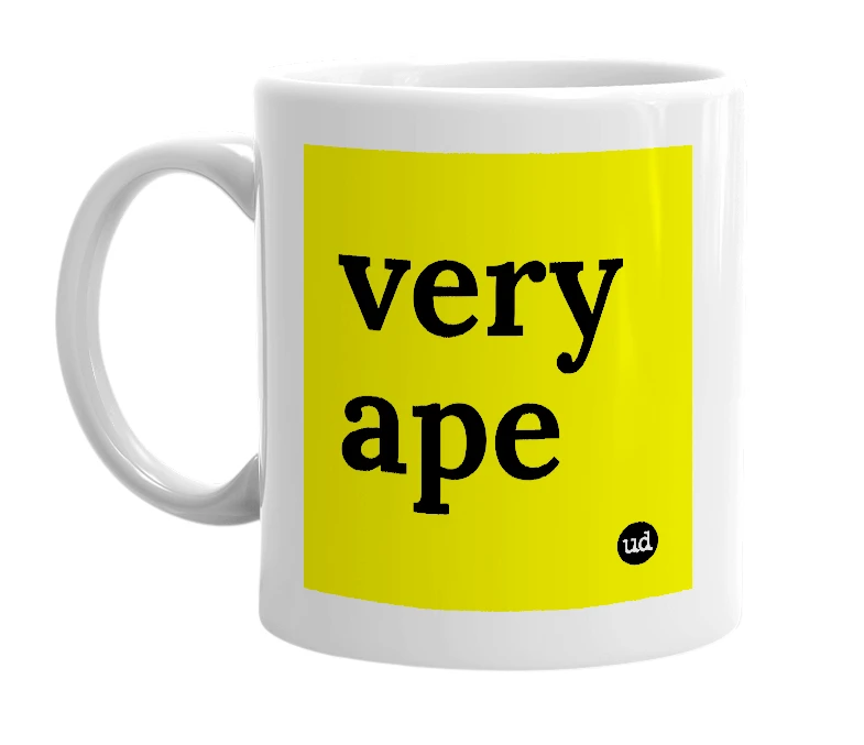 White mug with 'very ape' in bold black letters