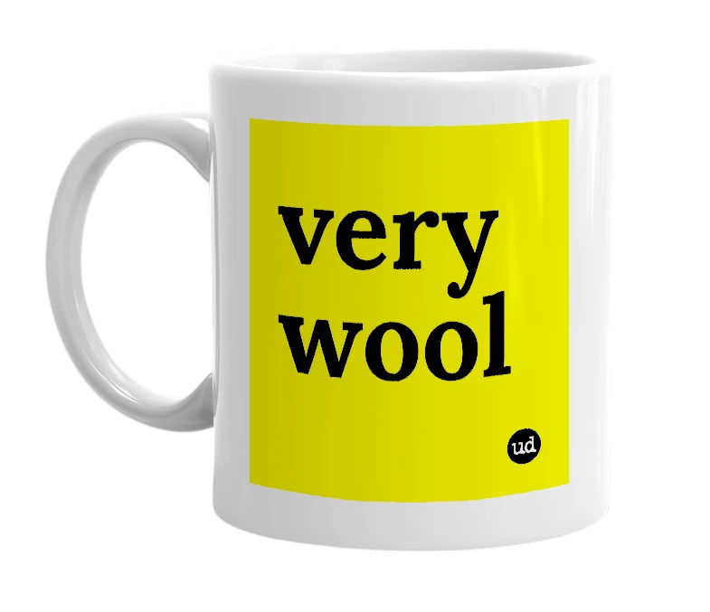 White mug with 'very wool' in bold black letters