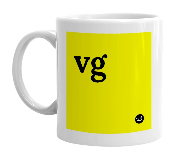 White mug with 'vg' in bold black letters