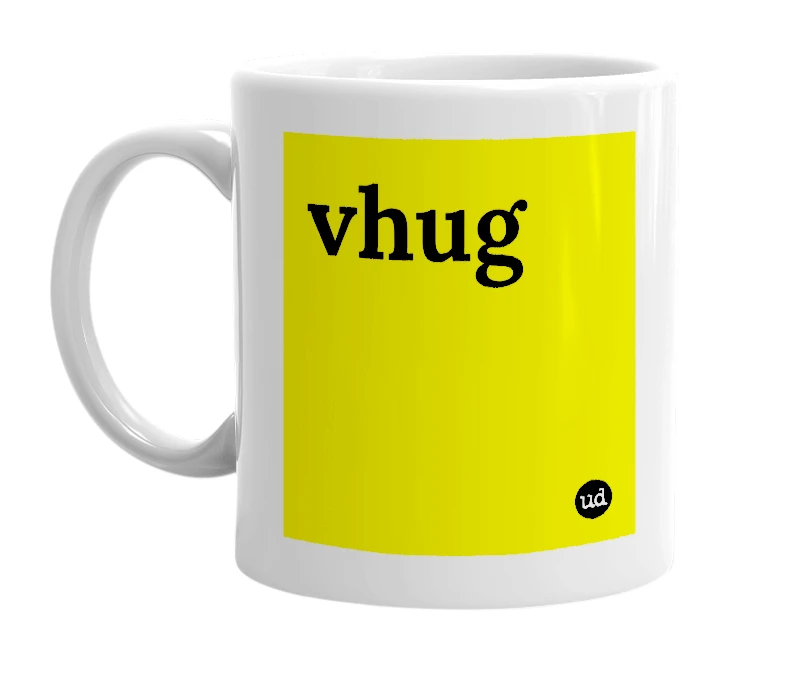 White mug with 'vhug' in bold black letters