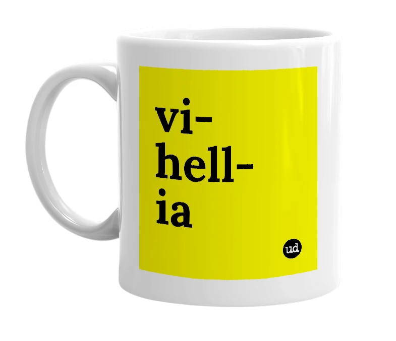 White mug with 'vi-hell-ia' in bold black letters