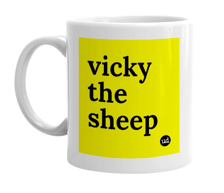 White mug with 'vicky the sheep' in bold black letters