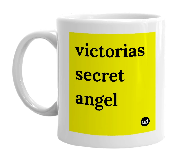 White mug with 'victorias secret angel' in bold black letters