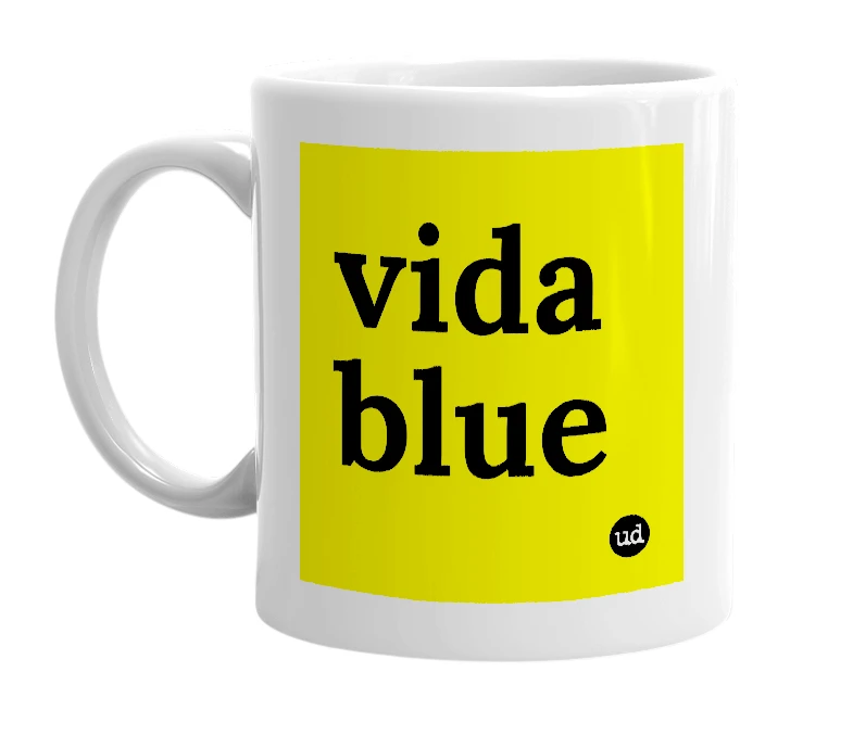 White mug with 'vida blue' in bold black letters