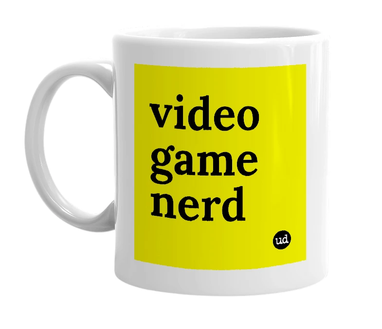 White mug with 'video game nerd' in bold black letters