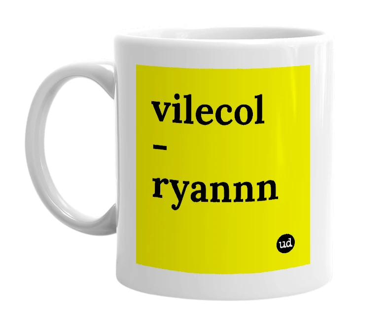 White mug with 'vilecol - ryannn' in bold black letters