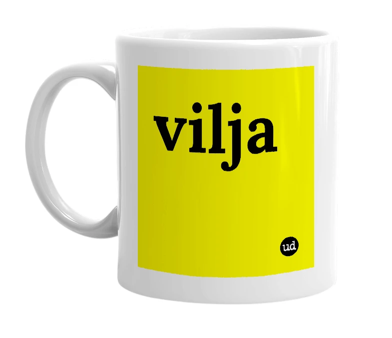White mug with 'vilja' in bold black letters
