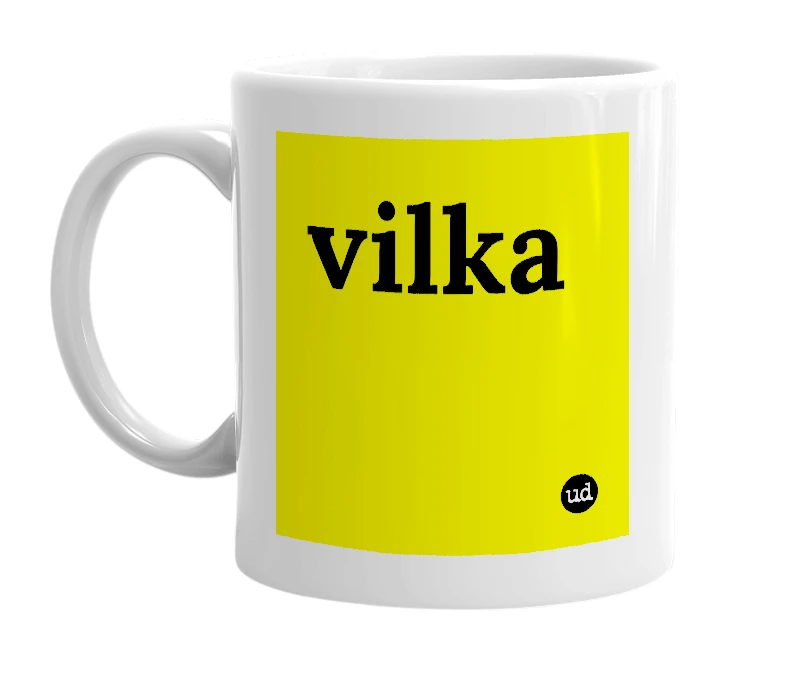 White mug with 'vilka' in bold black letters