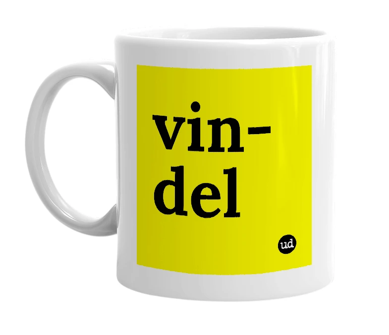 White mug with 'vin-del' in bold black letters