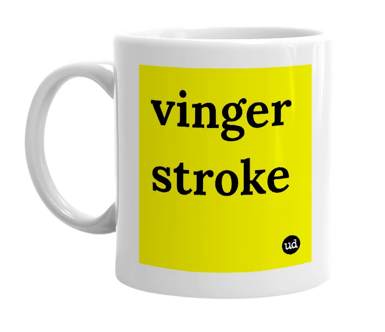 White mug with 'vinger stroke' in bold black letters