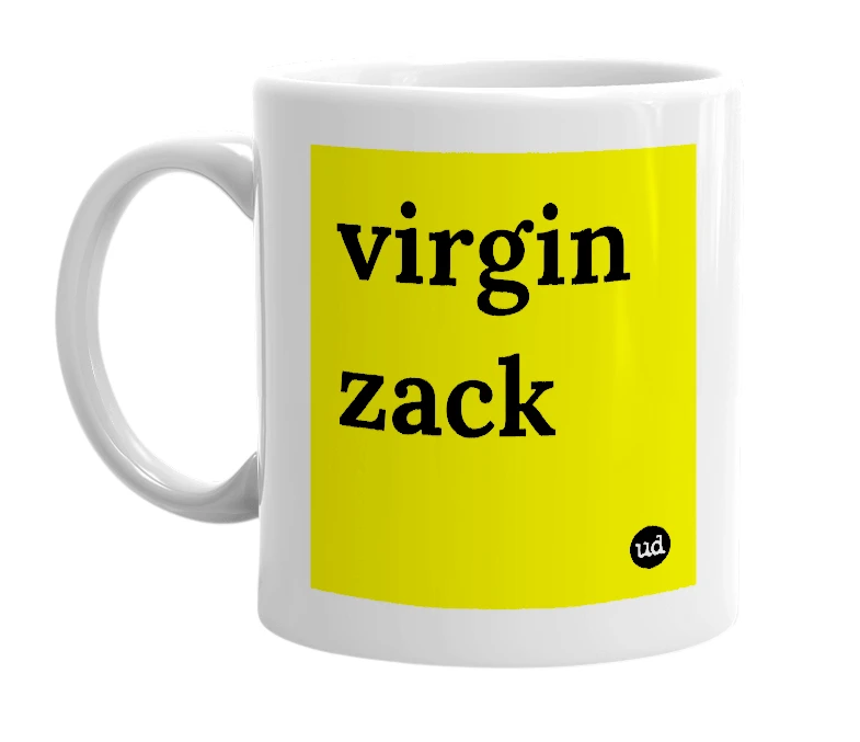 White mug with 'virgin zack' in bold black letters
