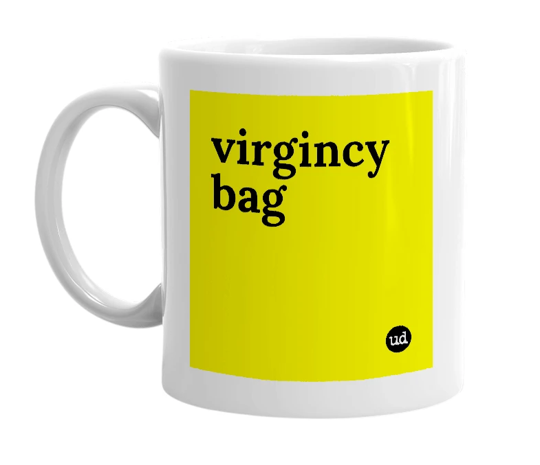 White mug with 'virgincy bag' in bold black letters