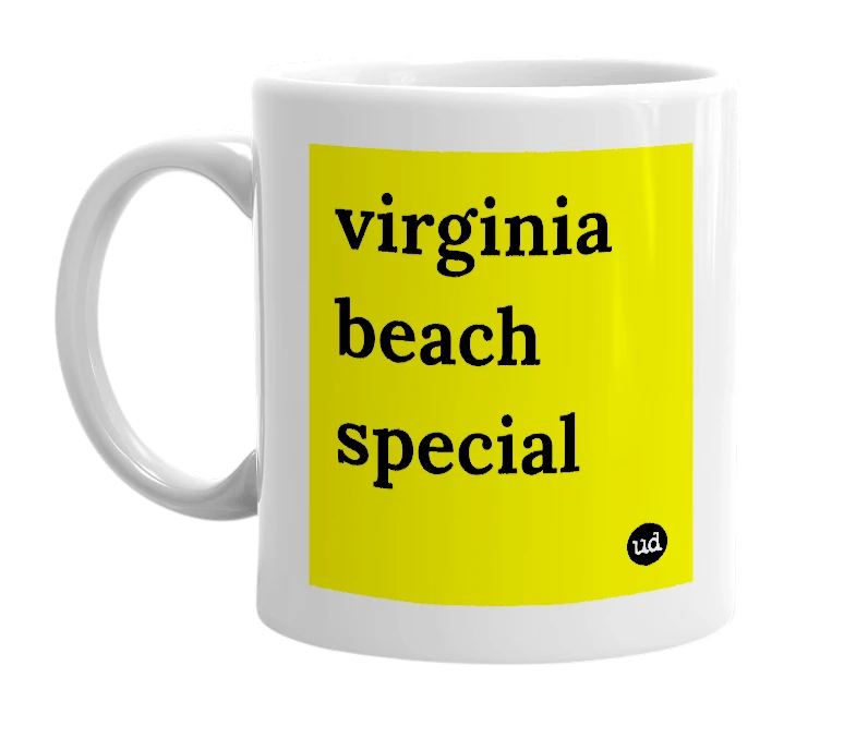 White mug with 'virginia beach special' in bold black letters