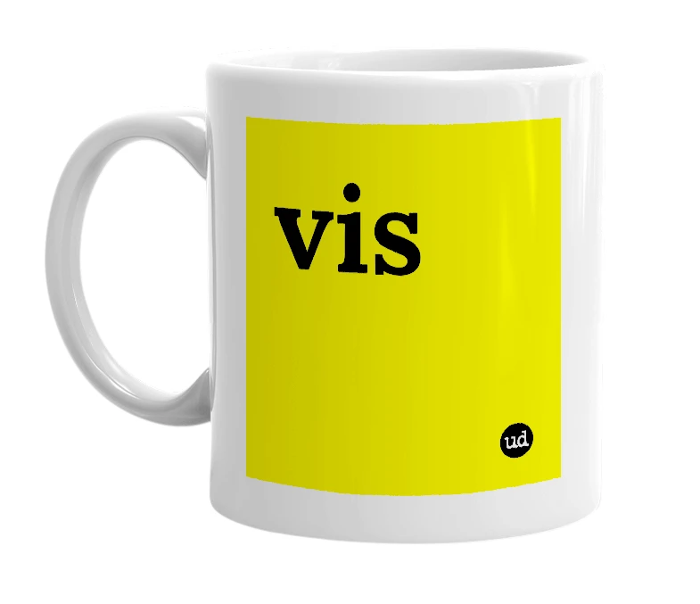 White mug with 'vis' in bold black letters