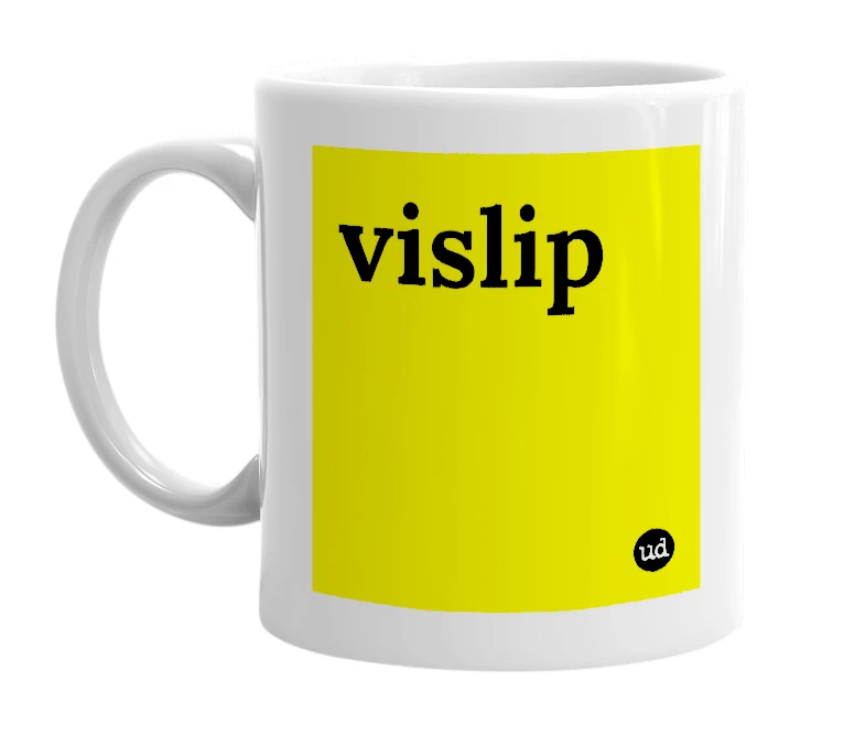 White mug with 'vislip' in bold black letters