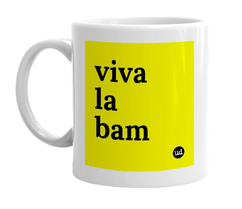 White mug with 'viva la bam' in bold black letters