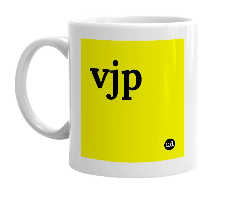 White mug with 'vjp' in bold black letters