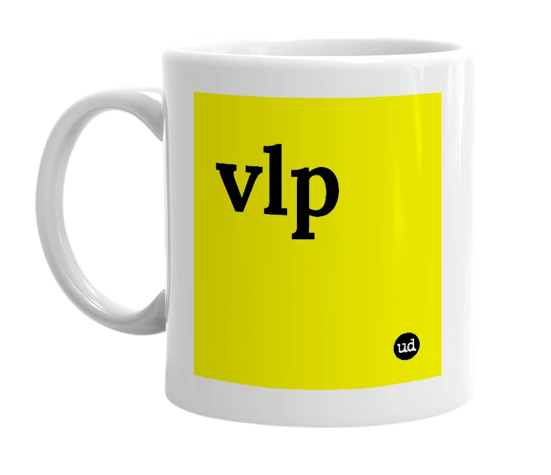 White mug with 'vlp' in bold black letters