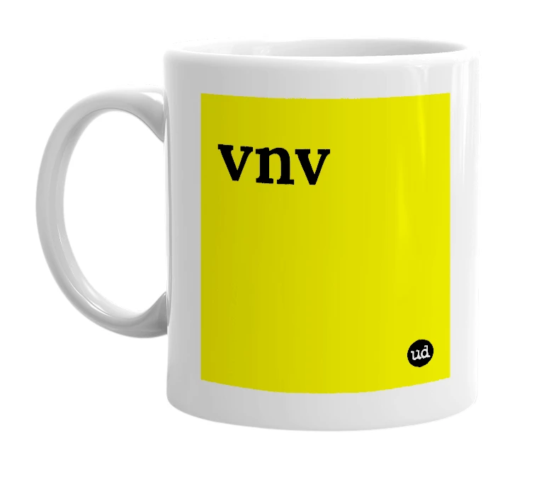 White mug with 'vnv' in bold black letters