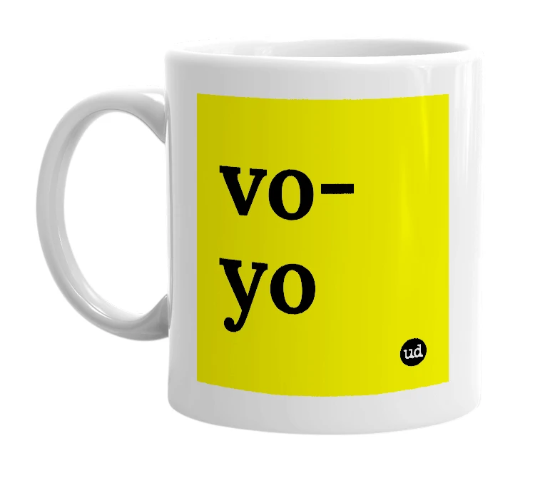 White mug with 'vo-yo' in bold black letters