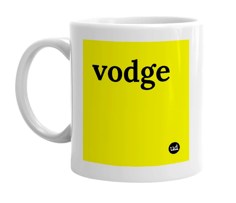 White mug with 'vodge' in bold black letters