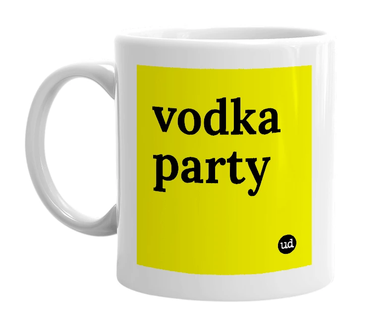 White mug with 'vodka party' in bold black letters