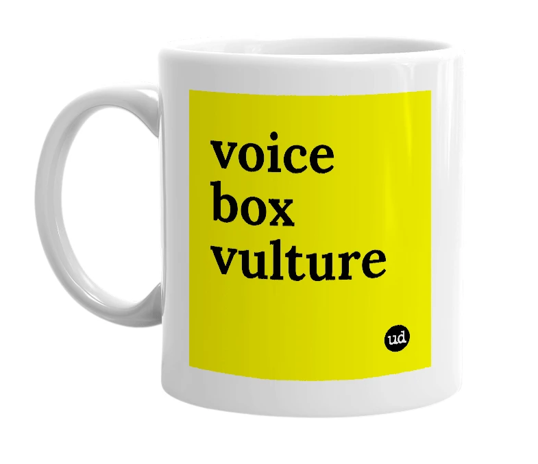 White mug with 'voice box vulture' in bold black letters
