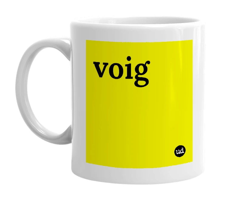 White mug with 'voig' in bold black letters