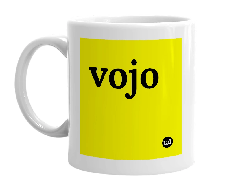 White mug with 'vojo' in bold black letters