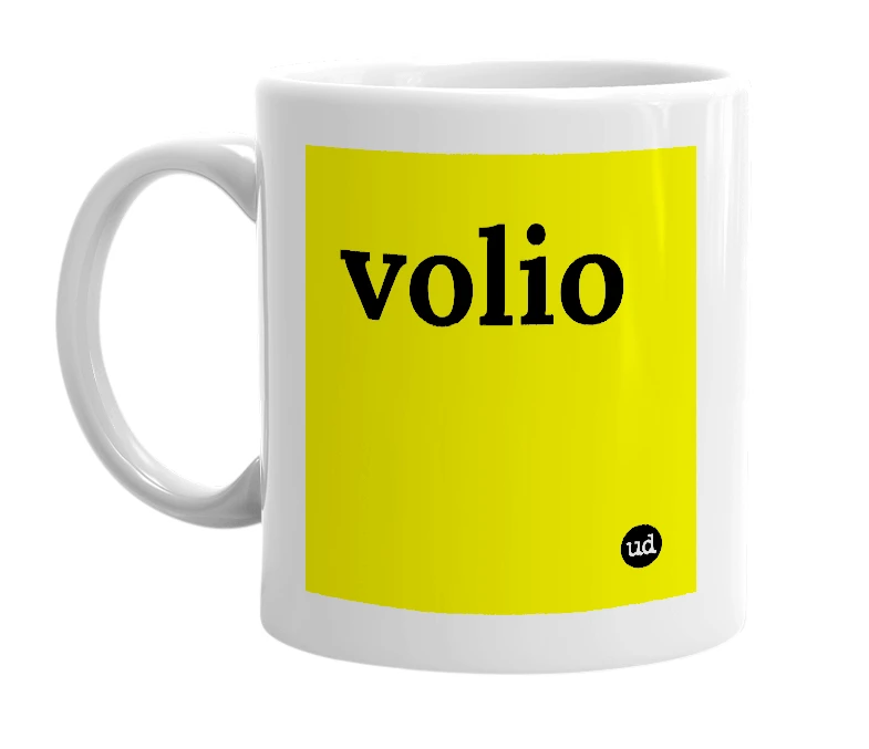 White mug with 'volio' in bold black letters