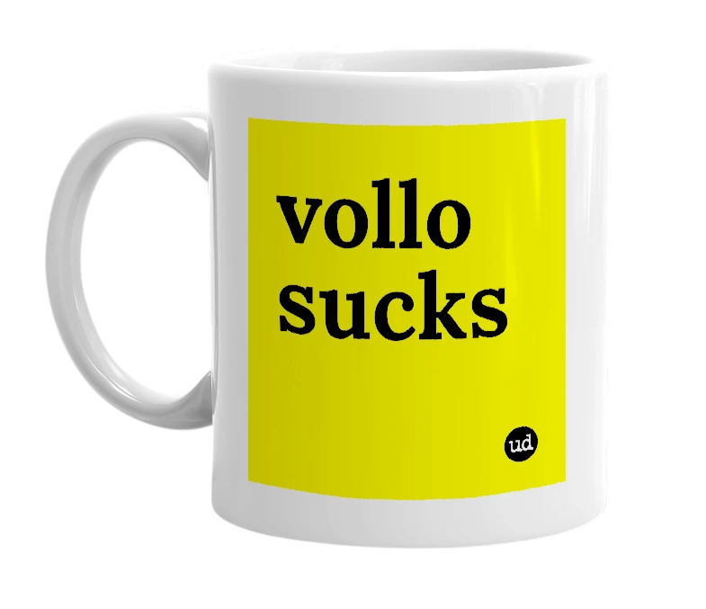 White mug with 'vollo sucks' in bold black letters