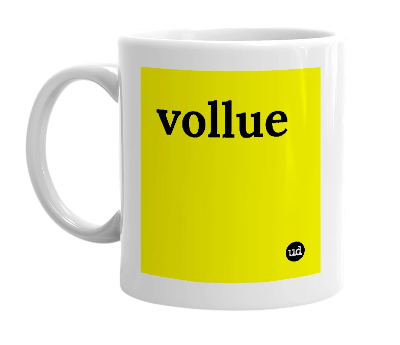 White mug with 'vollue' in bold black letters