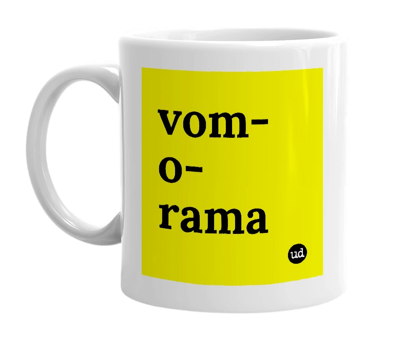 White mug with 'vom-o-rama' in bold black letters