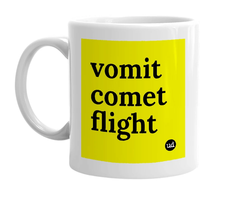 White mug with 'vomit comet flight' in bold black letters
