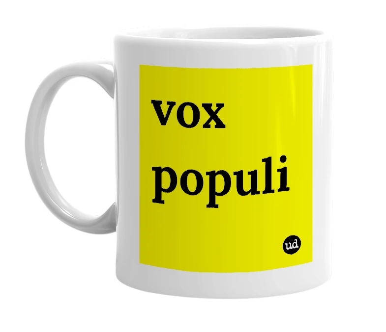 White mug with 'vox populi' in bold black letters