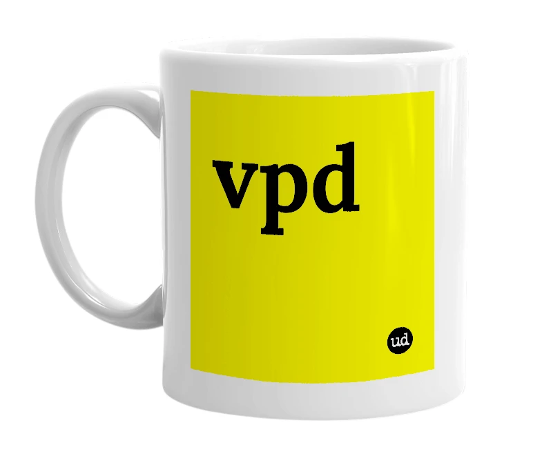White mug with 'vpd' in bold black letters
