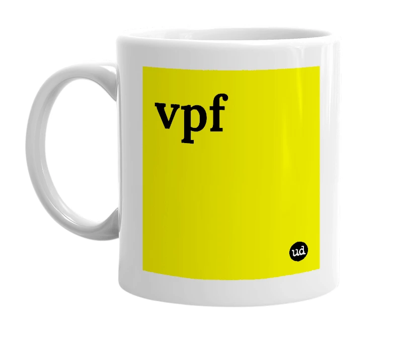 White mug with 'vpf' in bold black letters
