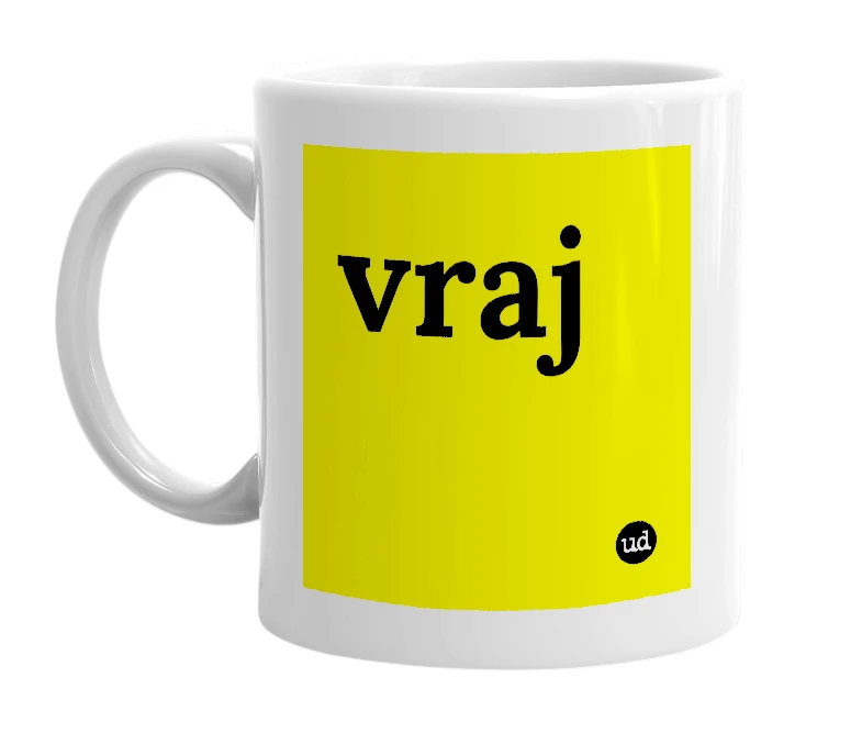 White mug with 'vraj' in bold black letters