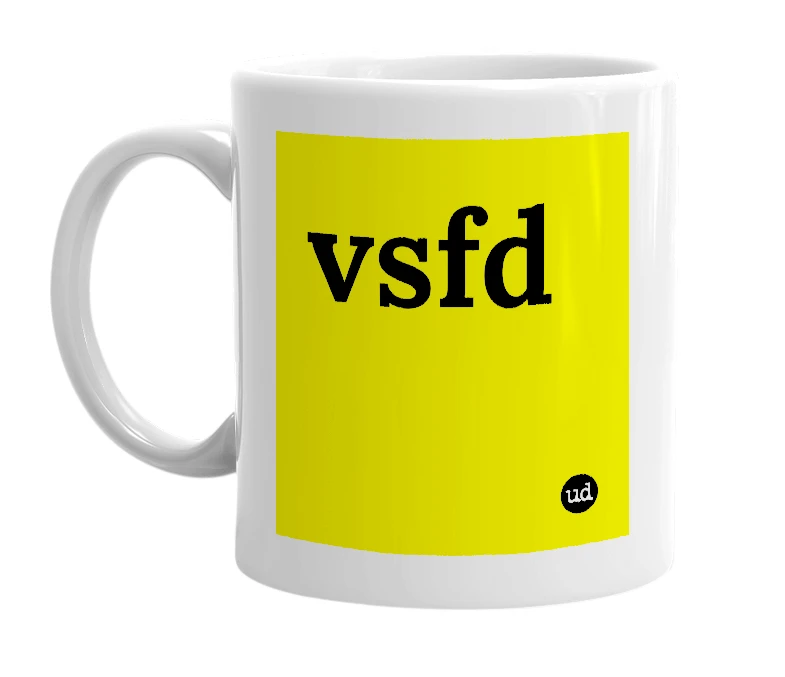 White mug with 'vsfd' in bold black letters