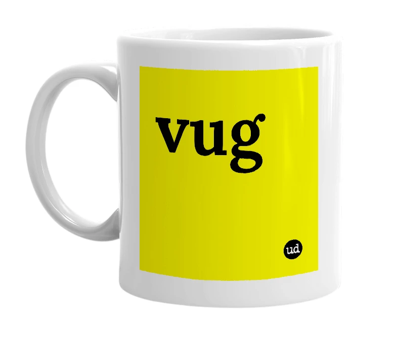 White mug with 'vug' in bold black letters