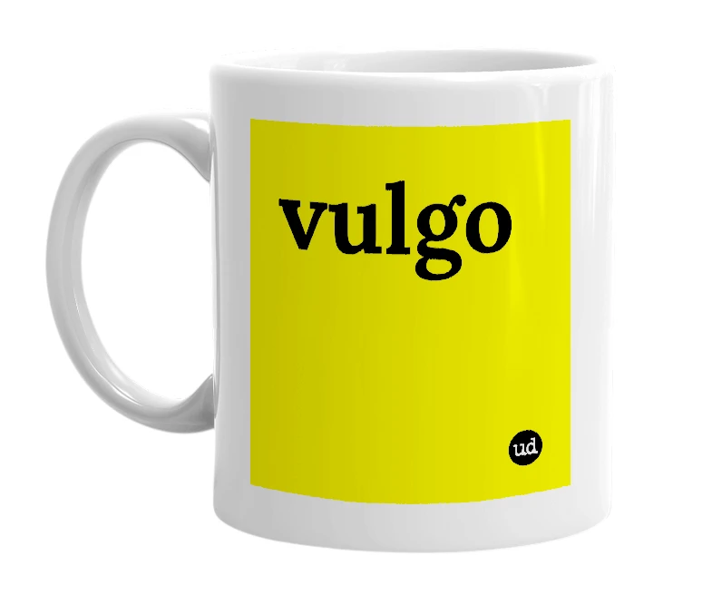 White mug with 'vulgo' in bold black letters