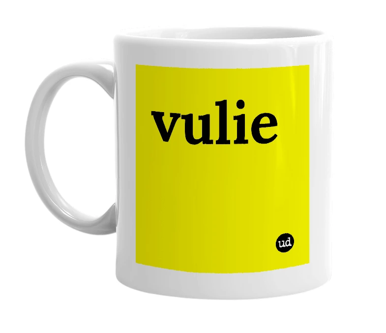 White mug with 'vulie' in bold black letters