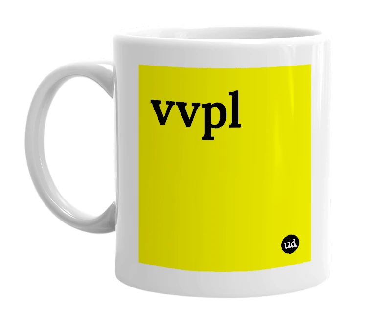 White mug with 'vvpl' in bold black letters