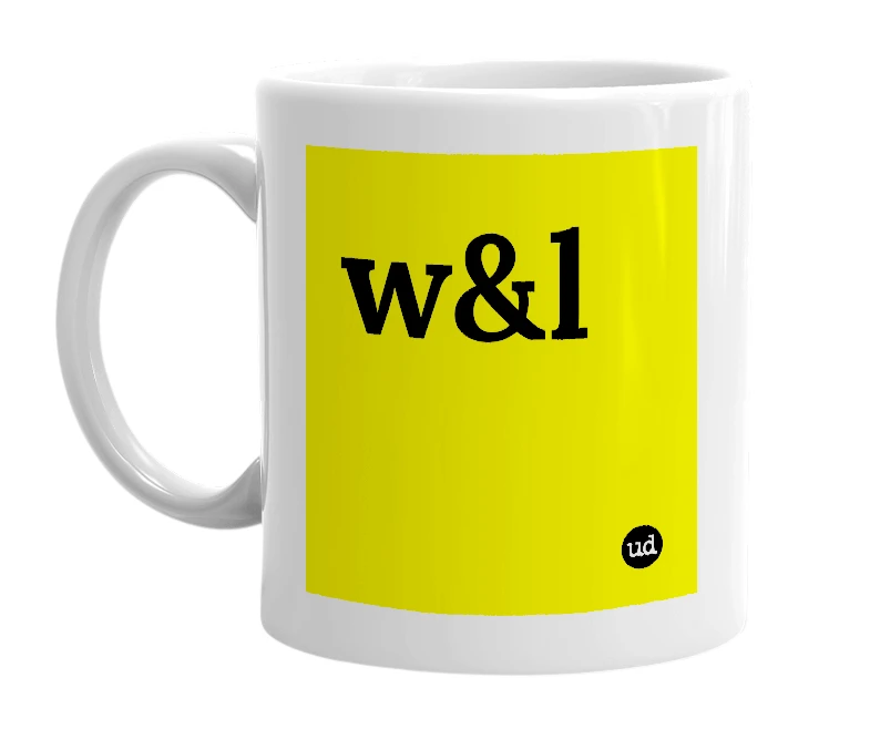 White mug with 'w&l' in bold black letters